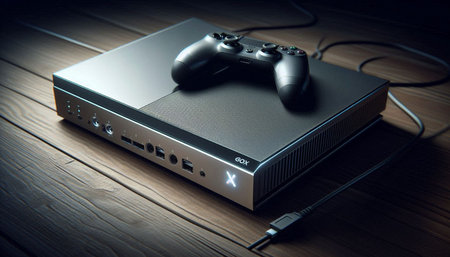 Video game controller on the wooden table. 3D Rendering.