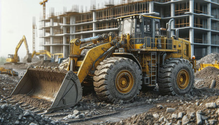 excavator at a construction site on a background of building under construction
