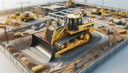 Bulldozer on the construction site. 3d render illustration.