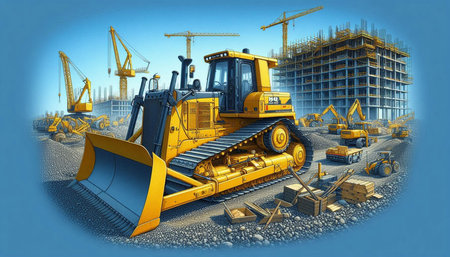 Construction site with heavy duty construction machinery (bulldozer, bulldozer, excavator) and...