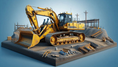 Bulldozer at construction site on blue background. 3d illustration