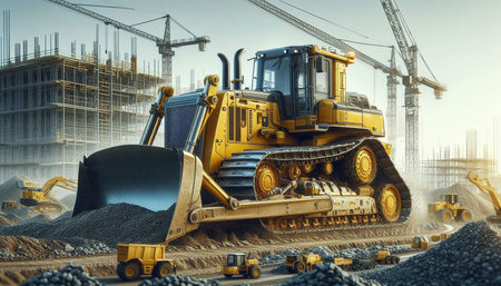 Heavy bulldozer working at a construction site. 3D Rendering