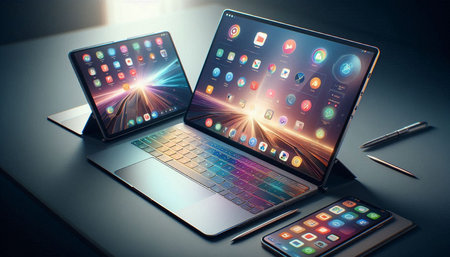 Laptop and smartphone on the table. Technology concept. 3d rendering