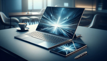 Laptop on table in modern office with blue lights 3D rendering