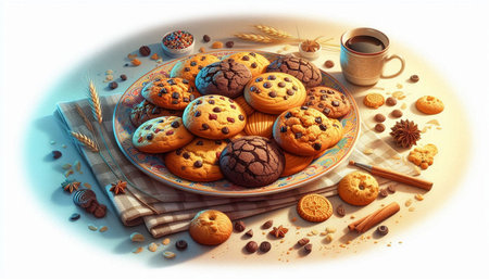 Chocolate chip cookies and cup of coffee on a wooden board.