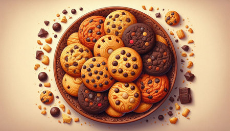 Chocolate chip cookies in plate with chocolate candies on beige background