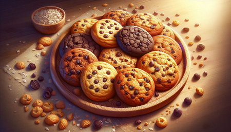 Chocolate chip cookies on a wooden plate with chocolate chips and almonds