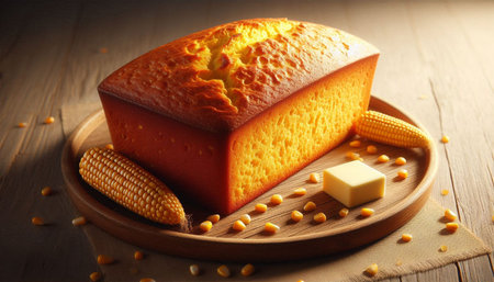 Cornbread and butter on a wooden table. Selective focus.