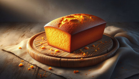 Piece of pumpkin bread on a wooden cutting board with a light beam