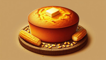 Corn cake with butter on a brown background. 3d illustration.