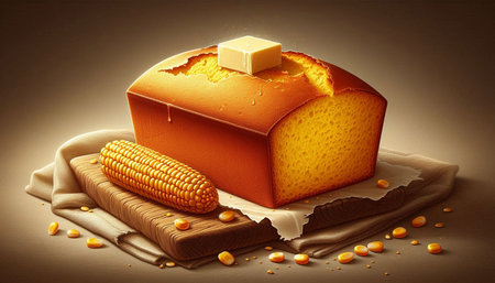Piece of cake and corn on the cob on a brown background