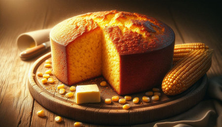 Cornbread with butter and corn on a wooden board. Toned.