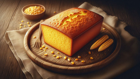 Piece of pumpkin cake with corn on a wooden board. Toned.