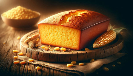 Piece of corn bread on a wooden background. Selective focus. Toned.