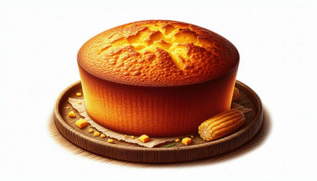 Cornbread on a wooden plate on a white background. 3d rendering