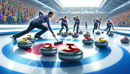 Group of people playing curling in the arena. 3D rendering