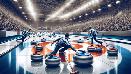 Sports arena with people playing curling. Mixed media. Mixed media