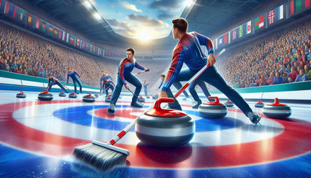 Two young men playing curling at the stadium. Sport concept.