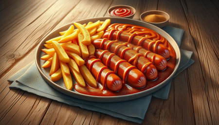 Grilled sausages with french fries and ketchup on wooden table