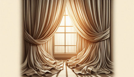 Curtains and window with sunlight. 3d render illustration.