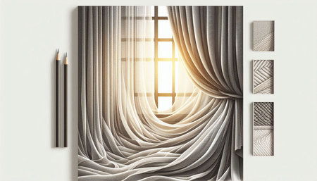 Curtains and pencils on white background. 3d rendering