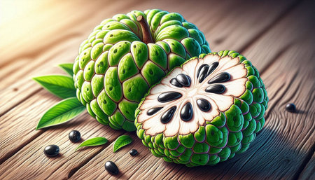 Custard apple fruit on wooden table. 3d illustration.