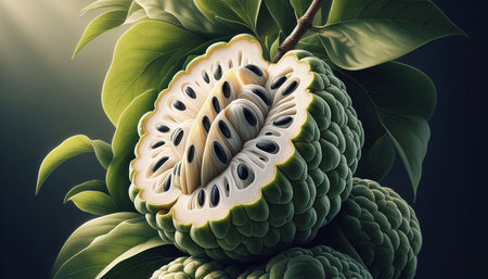Custard apple on a dark background. 3d illustration.