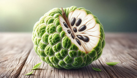 Custard apple with leaves on wooden table, closeup.