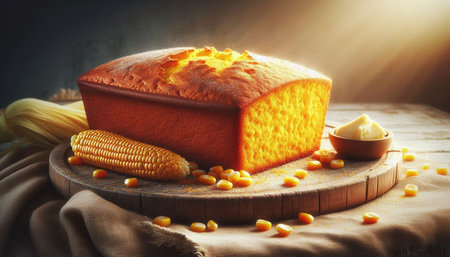 Piece of corn bread with butter and corn cob on wooden board
