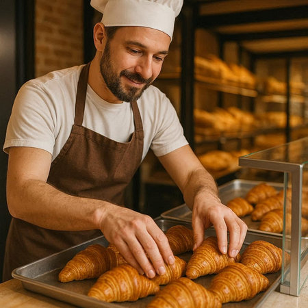 selective focus of smiling male bakery worker holding croissants in bakery
