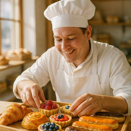 Handsome male baker preparing croissants in the bakery.