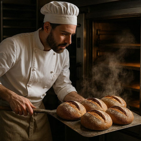 Baker preparing fresh bread in the kitchen of the bakery. Bakery.