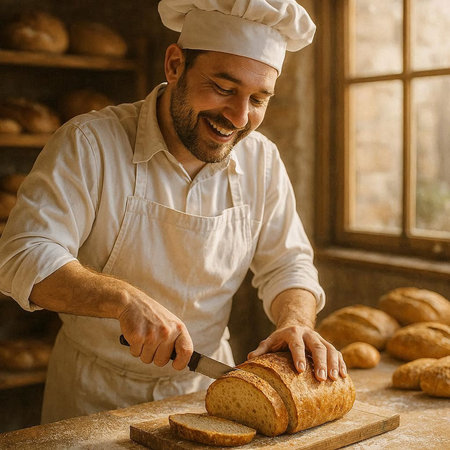 Chef cutting bread in a bakery, smiling and looking at camera