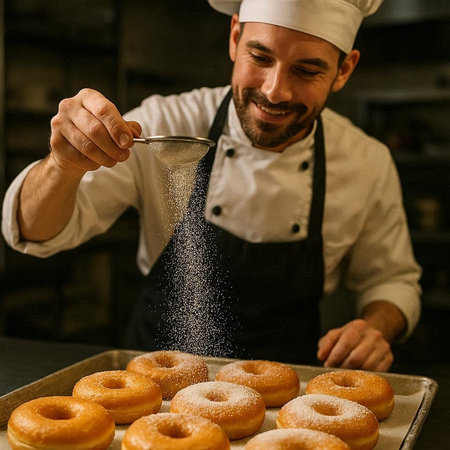 Chef sprinkling sugar on doughnuts in the kitchen at restaurant