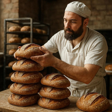 Portrait of a male baker in a white apron holding a stack of freshly baked bread in the bakery
