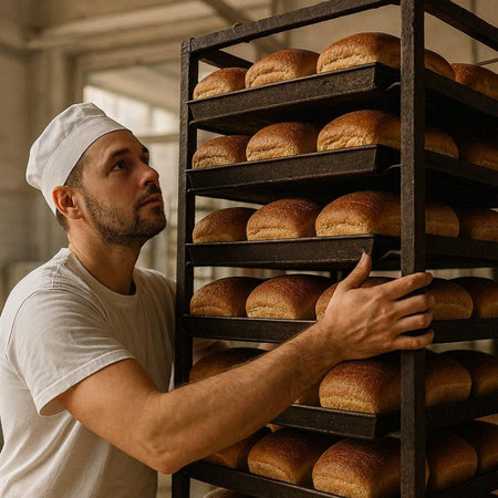 Baker in the bakery. A man in a white T-shirt and hat works in the bakery.