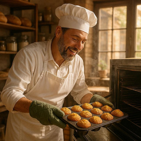 Mature male baker holding freshly baked muffins in the oven.