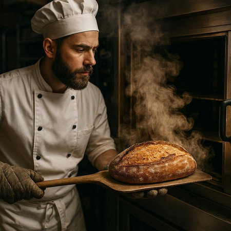 Handsome bearded baker holding a loaf of bread in his hands.