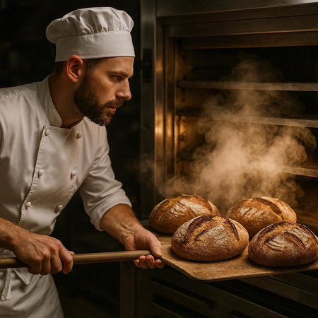 Male baker preparing fresh bread in the oven. Bakery concept.