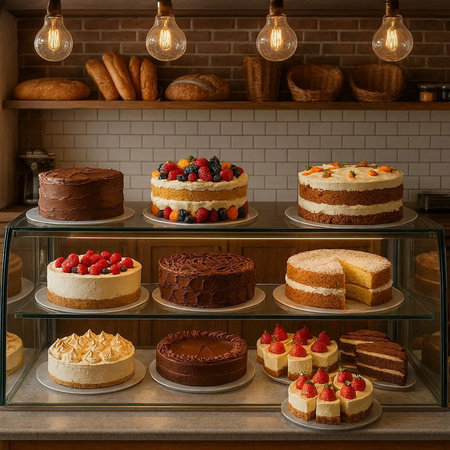 Different types of cakes and pastries in a bakery. Toned.