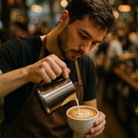 Barista pouring milk in a cup of latte art coffee.