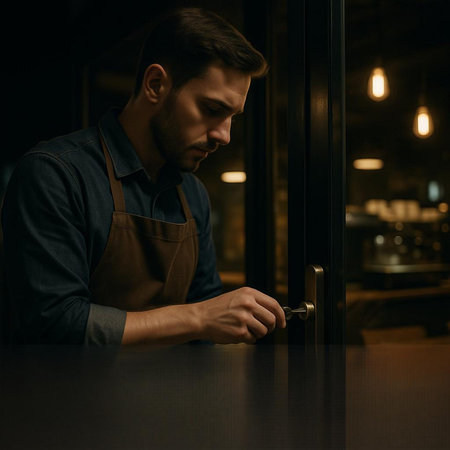 Handsome barista in apron opening the door of cafe