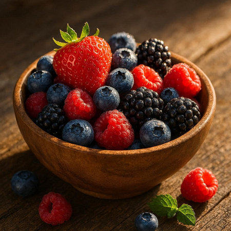 Fresh berries in a wooden bowl on a rustic wooden background.