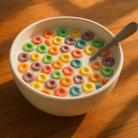 Bowl of colorful cereal with spoon on wooden table, closeup