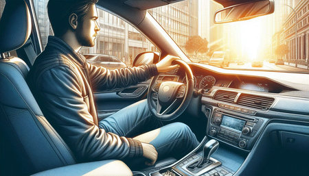 Young man driving a car in the city. 3D Rendering
