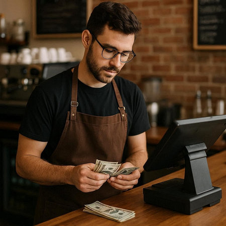 Portrait of a young man in apron and eyeglasses counting money at counter in cafe