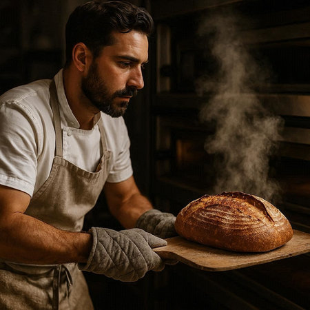 Handsome male baker holding a loaf of bread in his bakery