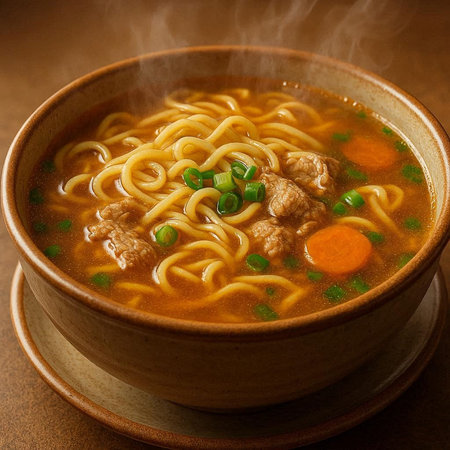 Vietnamese noodle soup with beef in bowl on wooden table