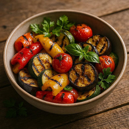 Grilled vegetables in bowl on wooden background. Selective focus.