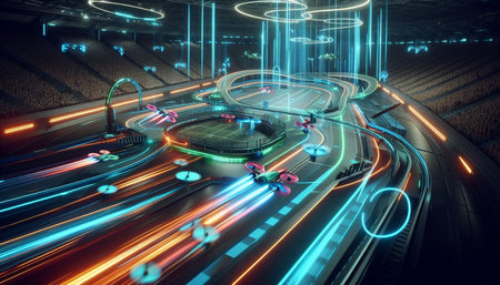 3D rendering of futuristic city with fast moving cars and glowing lights